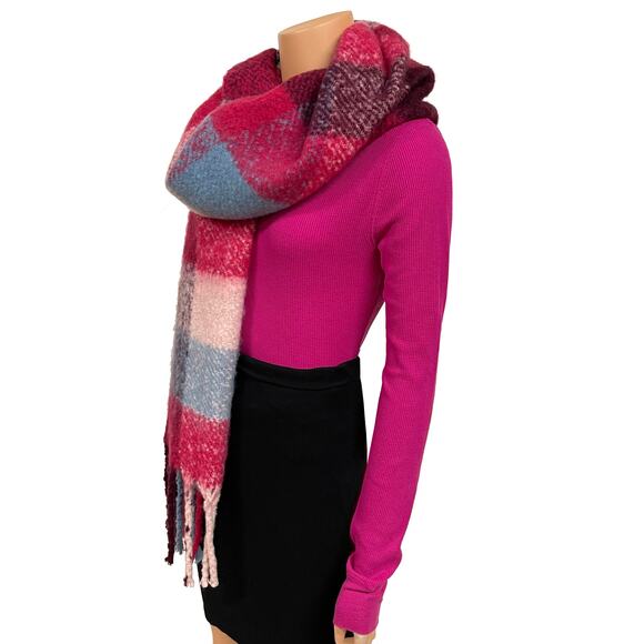 R Fashion Apparel Winter Long Fringe Scarf Vibrant Rich Plaid Fuchsia Blue Soft - Picture 2 of 9